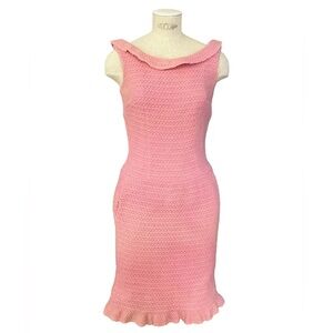 SOLD - VTG 1960s Pink Crochet Knit Ruffled Bombshell Pin Up Wiggle Dress